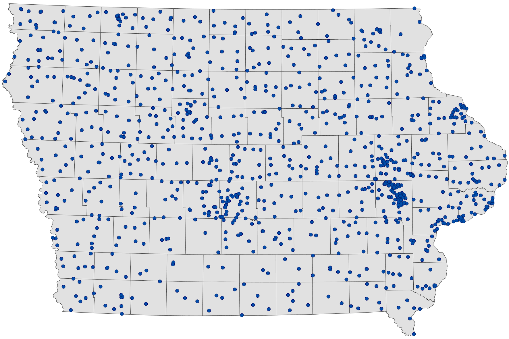 A map of Iowa show the locations where households have been tested under the Leader Copper Rule