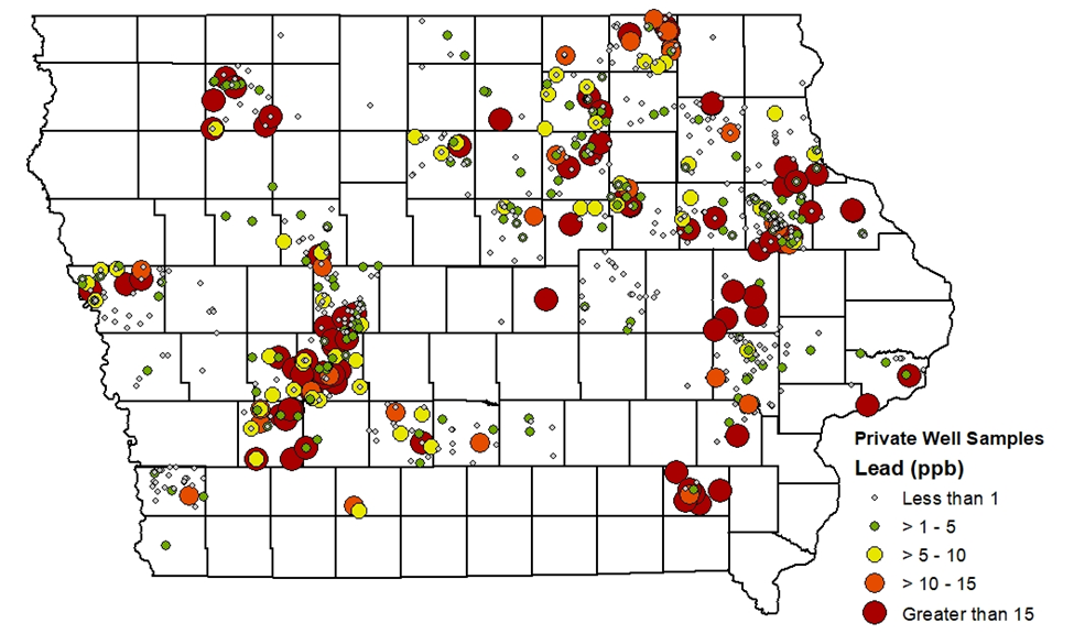 A map of Iowa showing the locations of lead testing done on private wells